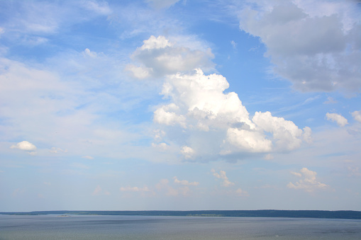 blue sky with cumulus clouds over the lake wallpaper