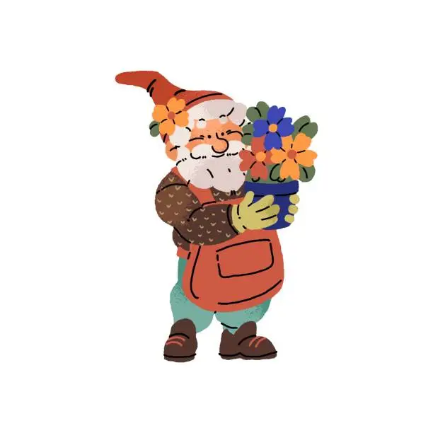 Vector illustration of Happy garden gnome holds ceramic flowerpot of flowers. Cute dwarf in cap with houseplant. Old gardener with plants. Fairytale bearded character smiles. Flat isolated vector illustration on white