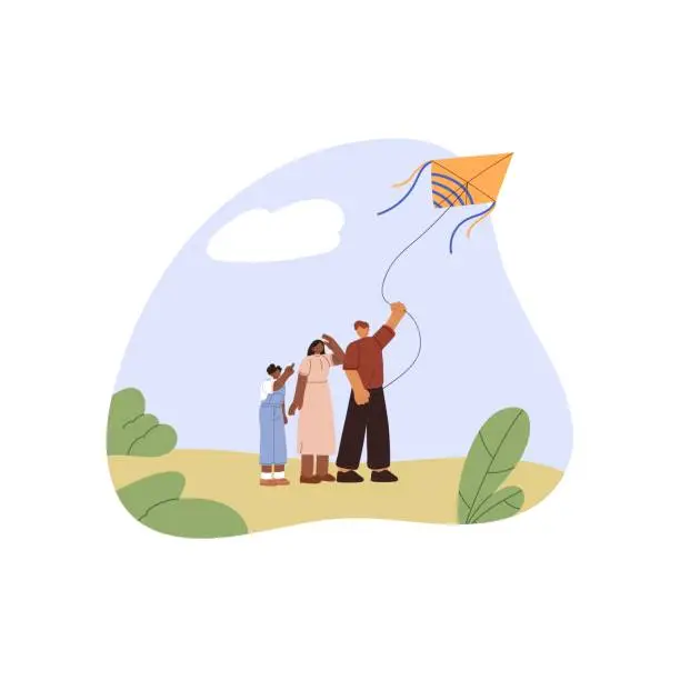 Vector illustration of Children fly kite outdoor. Friends walk, play together in park. Kids look up in sky. Little girl pointing finger at flying, lifting by wind in air toy. Flat isolated vector illustration on white