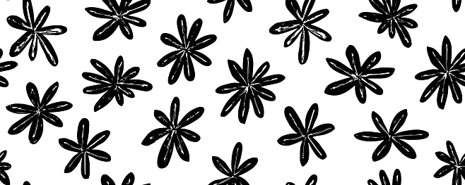 Floral seamless pattern with silhouettes flower  in style stars. Black and white hand drawn botanical background. Monochrome botanical wallpaper with simple plants.