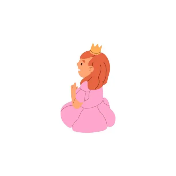 Vector illustration of Cute little girl in princess costume sits on floor back view. Happy kid in crown smiles. Beautiful child with tiara, in dress fun. Children party. Flat isolated vector illustration on white background