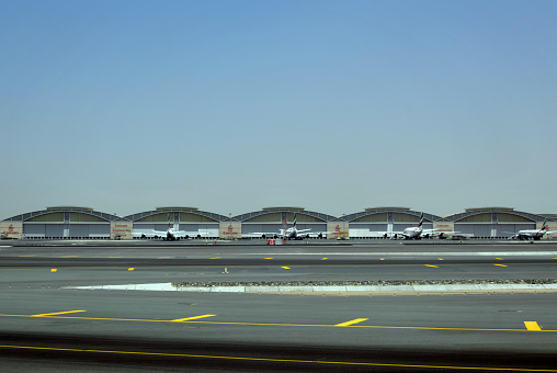 Garhoud district, Dubai: vast installations of the Emirates Engineering Centre, supports the world’s largest fleet of Airbus and Boeing aircraft, operated by Emirates and the fleets of about thirty other airlines through third-party maintenance contracts - Dubai International Airport.