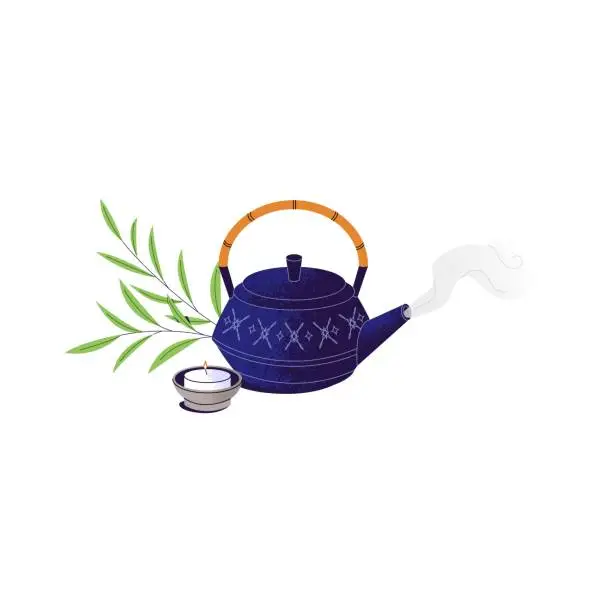 Vector illustration of Traditional tea ceremony. Ceramic teapot, chinese pot of boiling water. Asian culture of preparing herbal drink. Green oolong twig, candle, pottery kettle. Flat isolated vector illustration on white