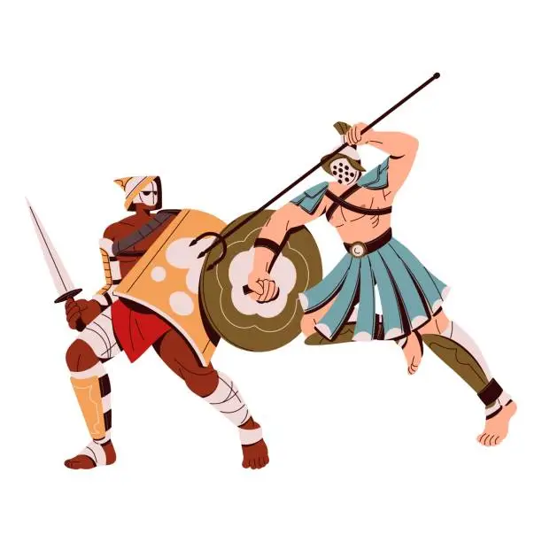 Vector illustration of Roman gladiators fight in colosseum arena. Spartan soldier in helmet attack enemy with trident. Ancient warrior in battle with sword, shield. Flat isolated vector illustration on white background