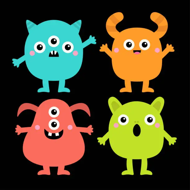 Vector illustration of Happy Halloween. Cute monster set. Cartoon kawaii boo baby character. Colorful monsters with different emotions. Hands, legs. Funny face head. Childish collection. Black background. Flat design.