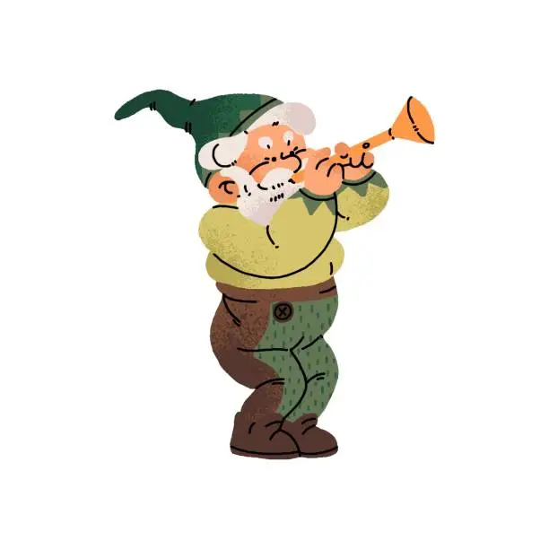 Vector illustration of Talented bearded garden gnome plays music. Cute fairytale dwarf blowing pipe, wind instrument. Magic musician holds horn, performs with trumpet. Flat isolated vector illustration on white background