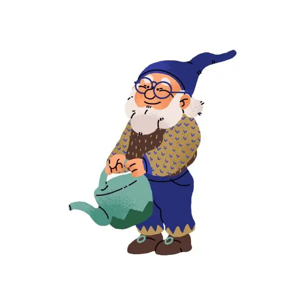 Vector illustration of Old garden gnome in cap cares about nature. Happy dwarf in glasses holds watering can. Fairytale bearded gardener, cute farmer carries water. Flat isolated vector illustration on white background