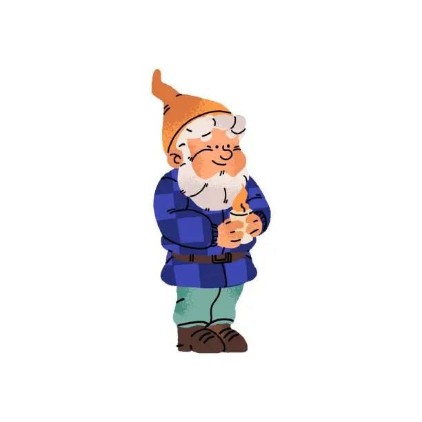 Vector illustration of Adorable bearded dwarf stands, holds candle. Happy garden gnome with candlelight in hands. Old fairytale gardener in cap looks at fire, flame. Flat isolated vector illustration on white background