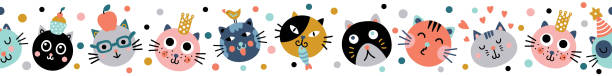 ilustraciones, imágenes clip art, dibujos animados e iconos de stock de borde horizontal sin costuras vectorial con gatos divertidos en estilo de dibujos animados. - cake pie apple pie apple