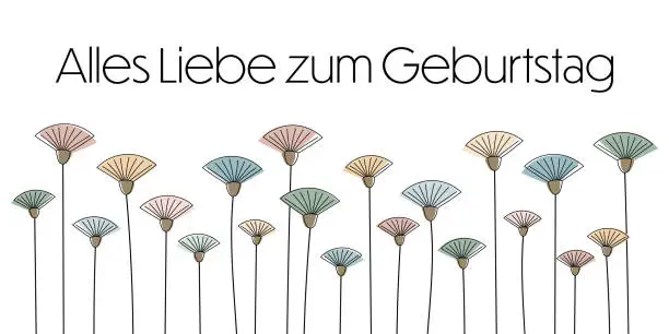 Vector illustration of Alles Liebe zum Geburtstag - text in German language - Happy Birthday. Greeting banner with modern abstract flowers in pastel colors.