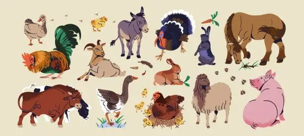 Vector illustration of Different farm animals set. Ranch fauna: domestic bunnies, hen, cow, pig, horse, sheep, bull, goat, cock, turkey. Cattle, livestock breeding in country. Farming flat isolated vector illustration