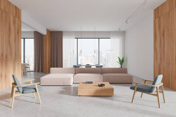 istock Modern home living room interior with relaxing and dining zone, window 2075473436