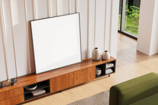 istock Top view of home living room interior couch and sideboard, mockup frame 2075473439