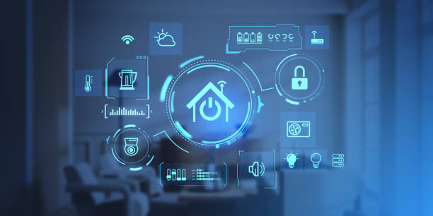 istock Smart home virtual screen and digital icons circuit, remote control 2075474456
