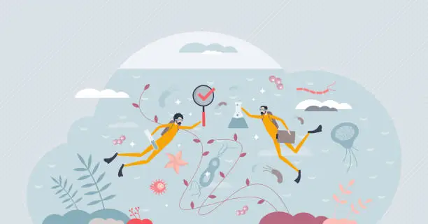 Vector illustration of Marine biology and ocean wildlife exploration occupation tiny person concept