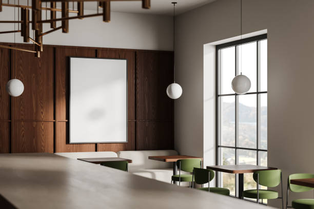 istock Stylish cafe interior with chairs and table, panoramic window. Mockup frame 2075479172