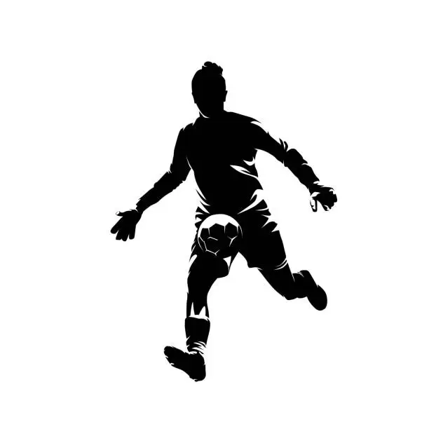 Vector illustration of Football goalkeeper kicking ball, isolated vector silhouette. Woman playing soccer