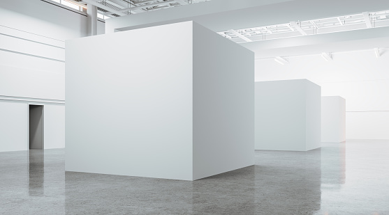 White open space warehouse gallery with mock up large boxes in row, side view light concrete floor. Industrial loft for art performance or exhibition. 3D rendering