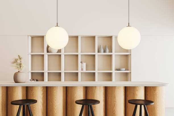 istock Stylish cafe interior with bar countertop, stool and shelf with decoration 2075485463