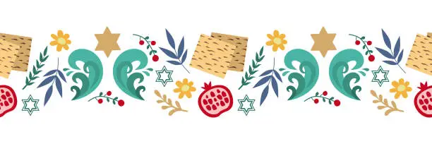 Vector illustration of Passover seamless border with matzo, star of David, fruits and flowers. For backgrounds, cards, websites. Vector, isolated.