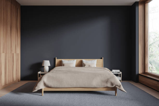 istock Modern cozy hotel bedroom interior with bed, window and mock up wall 2075490561