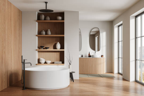istock Beige bathroom interior with tub and double sink 2075491248