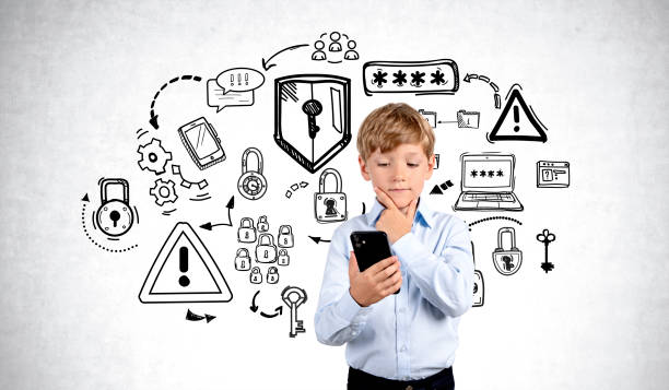 istock Pensive child with smartphone in hand, different cybersecurity doodle icons 2075497684