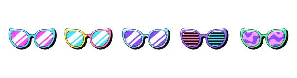 Vector illustration of Isolated retro sunglasses icon set, vector stickers. Fashion glasses, glamour spectacles, crazy party eyewear. Outline 3d sunglasses with pattern. Retro design elements for party and pop culture