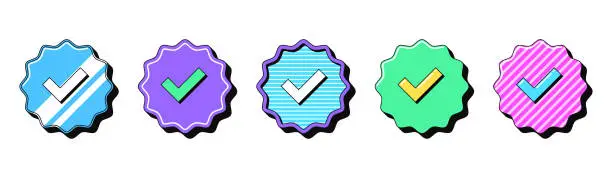 Vector illustration of Isolated retro Verified badge icon set, vector stickers. Blue tick checkmark tag, verified user, certified and original account. Outline Verification marks with pattern. Retro design elements for ads