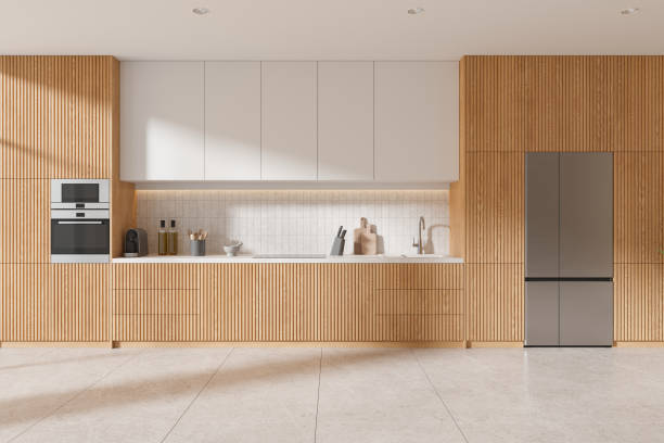 istock Wooden home kitchen interior with shelves and appliances, refrigerator 2075504126