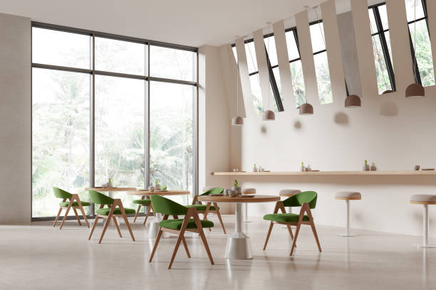 istock Cozy cafe interior with chairs and bar table near panoramic window 2075504695