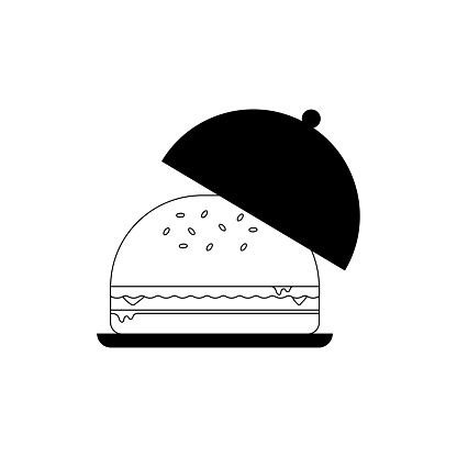 Burger under cover, fast food icon. Freshness guaranteed, quality meal. Simple dining symbol. Vector illustration. EPS 10. Stock image.