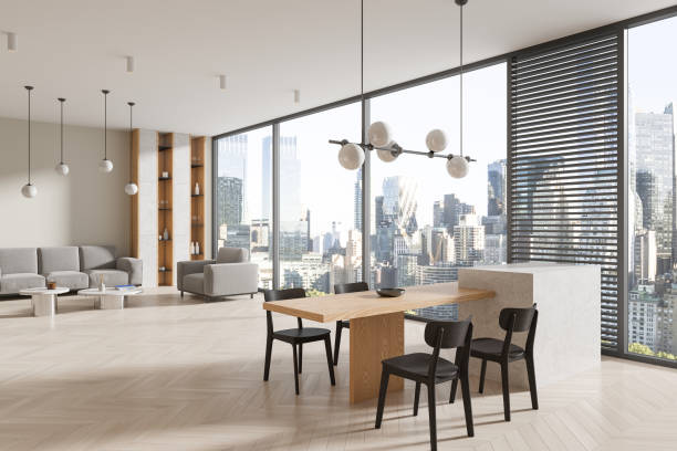 istock Modern home living room interior with dining and relaxing zone, window 2075505349