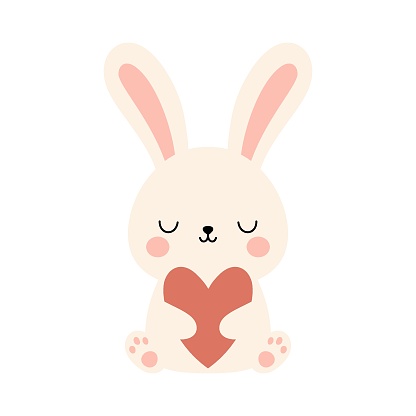 Cute lovable bunny with hart. Cartoon rabbit character for kids cards, baby shower, invitation, poster. Vector stock illustrati.