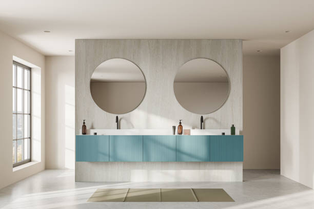 istock Modern home bathroom interior with double sink and accessories, panoramic window 2075506372