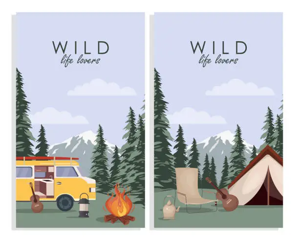 Vector illustration of Set of vertical banners Summer camping, forest life, vacation