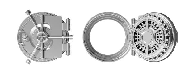istock Metal bank safe vault on copy space isolated white background 2075507969