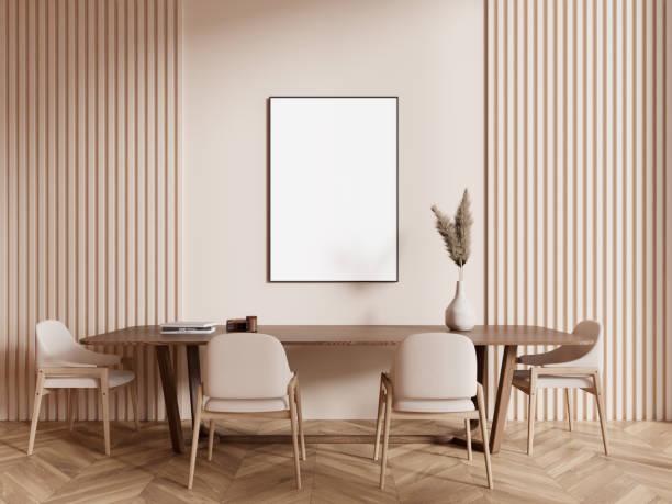 istock Beige dining room interior with long table and poster 2075511253