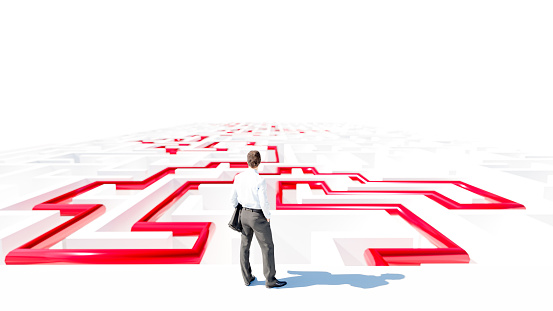 3D Rendering. 3D Businessman Standing in front of the maze. Success soncept.