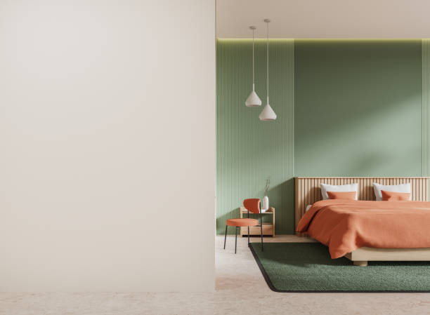 istock Modern hotel bedroom interior with bed and chair, mock up wall partition 2075515046