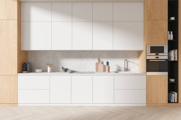 istock White and wooden kitchen interior with cabinets 2075515565