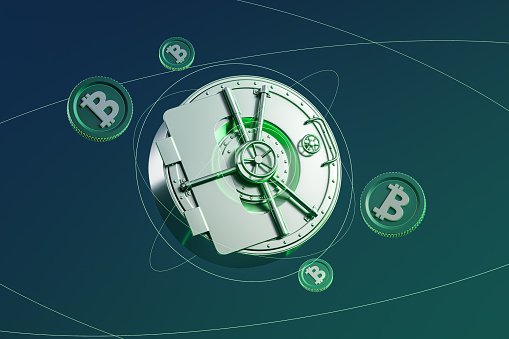 Green bitcoins with bank vault, cryptocurrency and electronic money. Concept of financial communication, account and blockchain. 3D rendering illustration