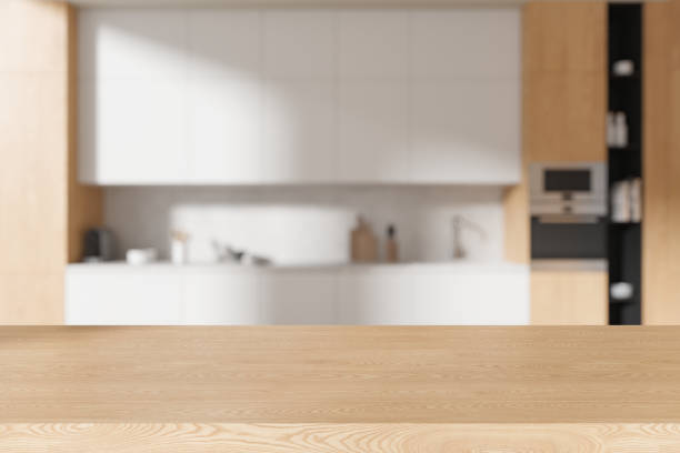istock Wooden mock up table on background of kitchen interior with accessories 2075516112
