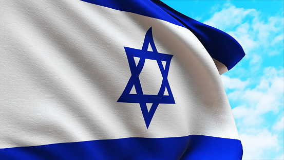 The national flag of Israel fluttering gracefully in the wind. This close-up view captures the essence of patriotism, freedom, and national pride. Ideal for projects related to Israeli culture, history, and identity, as well as themes of independence and unity.