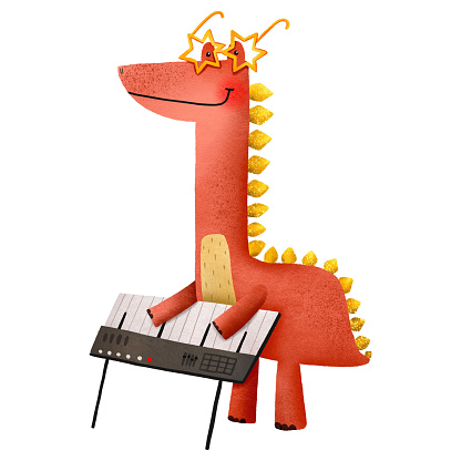 Cartoon red hand drawn dinosaur playing a synthesizer Musician pianist Dinosaur rockstar playing musical instruments Graphic for typography poster, card label flyer page banner baby wear nursery