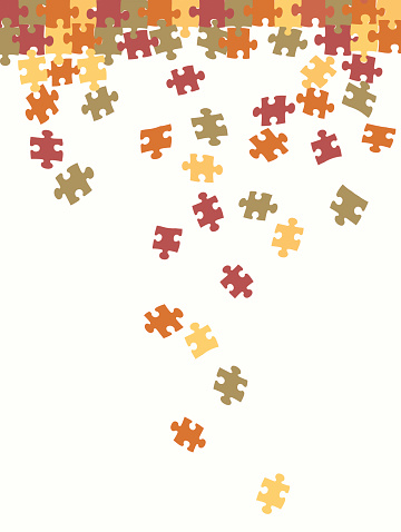 Jigsaw Puzzle Pieces Falling isolated on white background - Concepts: challenges, decisions, solutions, strategy, standing out from the crowd