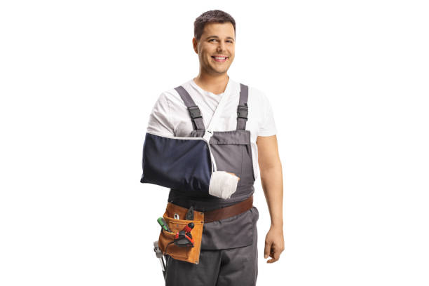 istock Repairman in a uniform with a broken arm 2075531088