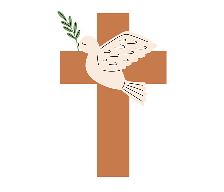 Cross and dove with branch icon. Easter symbol. Religious christian sign. Holy Week. Vector illustration
