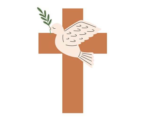 Cross and dove with branch icon. Easter symbol. Religious christian sign. Holy Week. Vector illustration in flat hand drawn style Cross and dove with branch icon. Easter symbol. Religious christian sign. Holy Week. Vector illustration heaven and jesus drawing stock illustrations