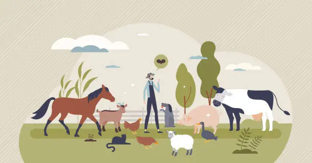 Vector illustration of Farm animals grow for domestic milk, eggs or meat supply tiny person concept